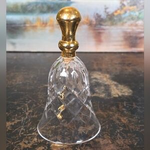 Brilliant Vintage Lead Crystal Hand Bell w/ Gold Handle, Diamond Cut Pattern